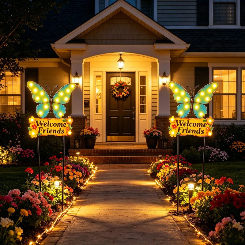 Decorative Garden Stakes Large 45" with 18 Bulbs Solar String Lights Outdoor Waterproof, Butterfly Solar Lights for Outside with Welcome Friends Garden Sign for Yard, Patio, Pathway
