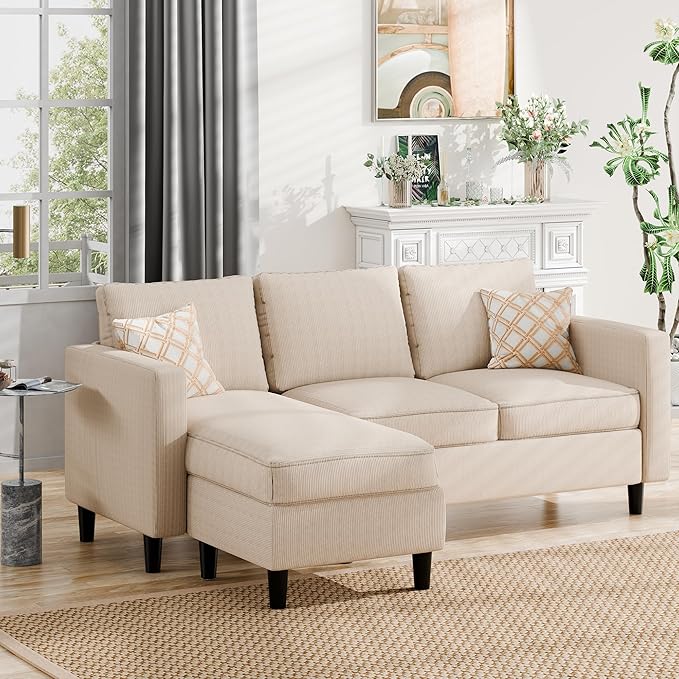 JAMFLY Sectional Sofa Couch Convertible L Shaped Sofas with Ottoman Small Sectional Couches for Living Room, 3 Seater Couch for Small Spaces, Khaki