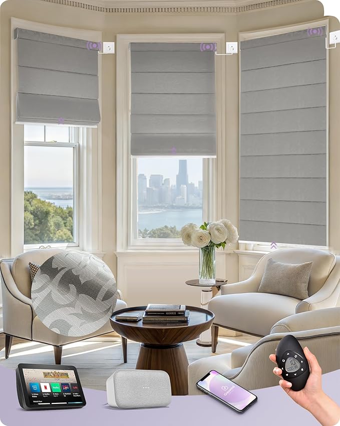 Graywind Smart Roman Shades Compatible with Alexa Google WiFi Hardwired Automatic Blind Remote Light Filtering Plain Fold Soft Roman Window Shades for Windows Doors, Custom Size (Floral Grey Brown)