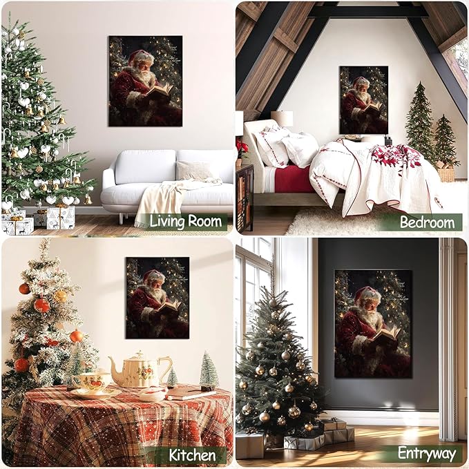 Vintage Santa Claus Reading Canvas Wall Art - Rustic Framed Christmas Canvas Prints for Living Room, Cozy Winter Wall Decor, Ideal Christmas Gifts & Festive Decorations