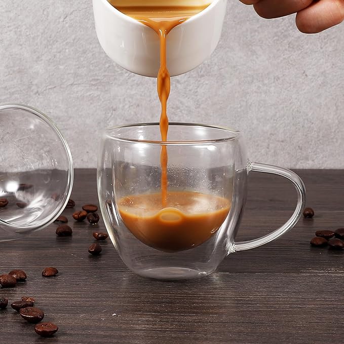 Clear Glass Double Wall Insulated Round Coffee Mugs Set of 2 Pieces - Small Size 5.5oz Best Reusable Coffee Mug for Home Cafe Restaurant Perfect for Espresso Capucinno Lungo Latte Coffee