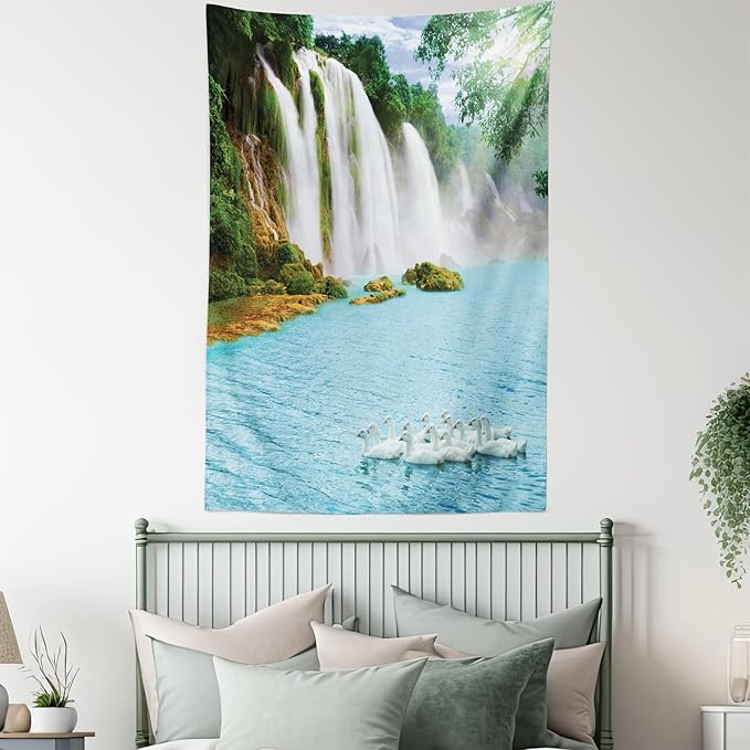 Ambesonne Waterfall Tapestry, Image of a Grand Waterfall with Swans in the Lake Sunny Day Nature Print, Fabric Wall Hanging Decor for Bedroom Living Room Dorm, 23" X 28", White Green