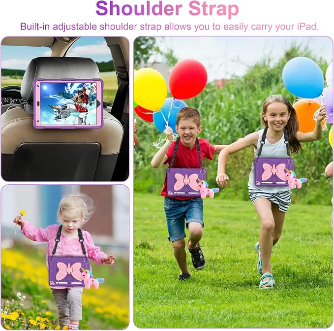 VOFUOE for iPad 9th 8th 7th Generation Case with Screen Protector Butterfly Stand Shoulder Strap Keychain Pencil Holder for iPad 10.2 Hard Cover Kids Girls for iPad 9th/8th/7th(2021/2020/2019)-Purple