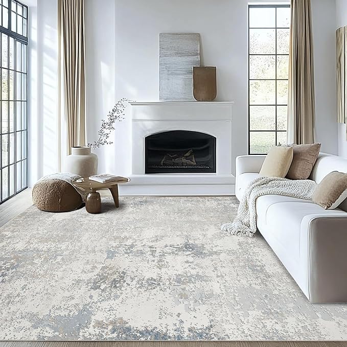 Washable Rugs 8x10 Area Rugs for Living Room - Modern Abstract Rugs for Bedroom,Dining Room,Large Soft Low Pile Carpet with Non Slip Rubber Backing,Neutral Accent Nursery Rug- Beige Blue
