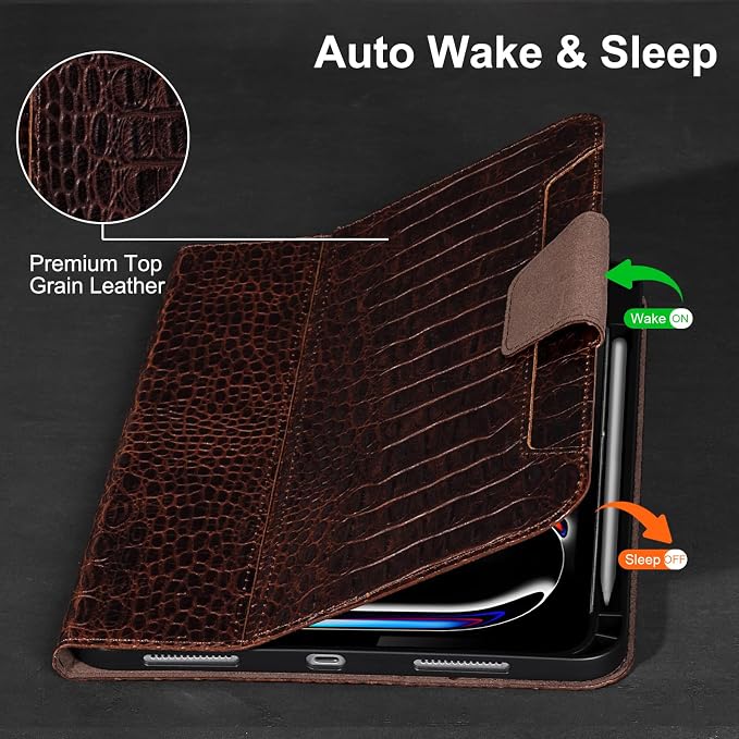 Gexmil Leather Case for iPad Pro 11 Inch M5/M4 2025/2024Crocodile Brown | Genuine Leather CoverPencil HolderMagnetic ClosureSmart Folio Auto Sleep/WakeProtectiveAdjustable Stand