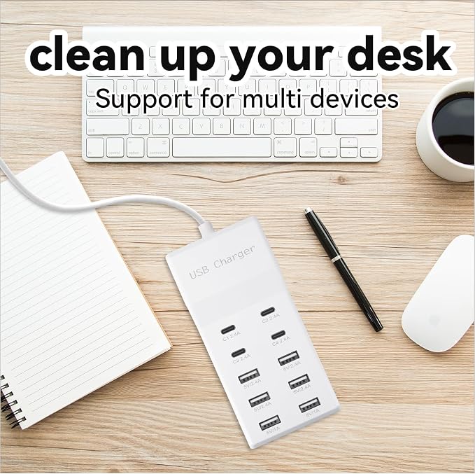 USB Charging Station with 6 USB-A and 4 USB-C Ports 50W 10A USB Charger Block for Smart Phone Tablet Laptop Multiple Devices - USB Power Strip with Auto-Detect Technology