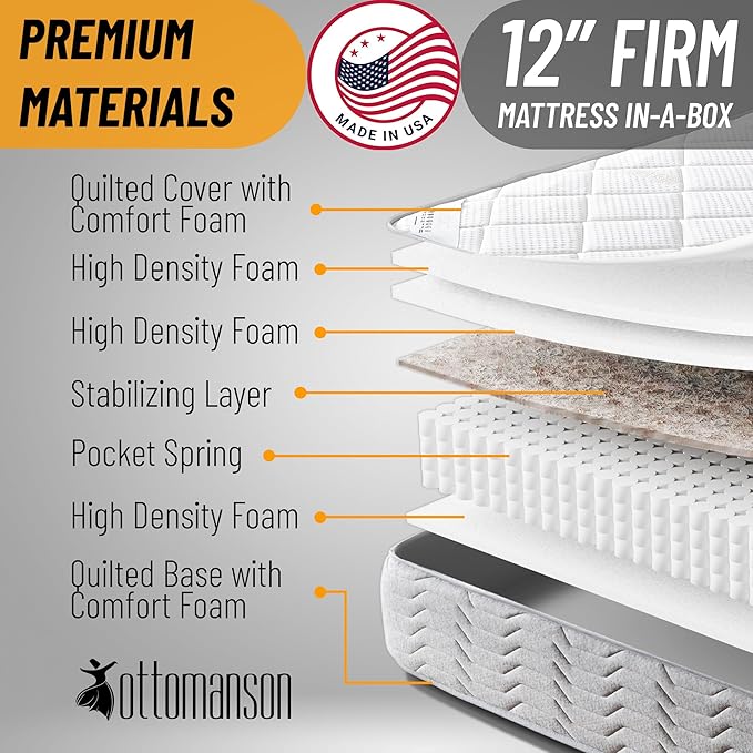 Ottomanson Queen 12” Hybrid Mattress - Rock Salt Infused Quilted Cover - Made in USA - Medium-Firm Support - Individually Pocketed Coils & CertiPUR-US Foam - Fiberglass-Free - Bed in a Box