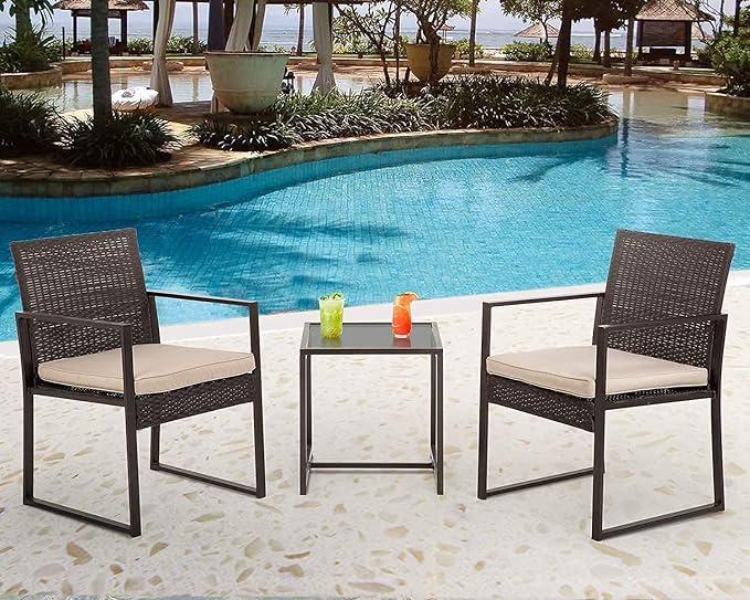 FDW 3 Pieces Outdoor Patio Furniture Wicker Bistro Rattan Chair Conversation Sets for Yard Lawn Balcony Poolside Backyard,Black