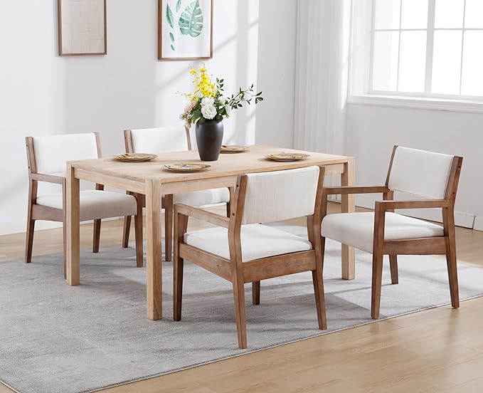 EALSON Upholstered Dining Chairs Set of 6 Mid Century Dining Room Arm Chairs with Hardwood Frame Modern Farmhouse Kitchen Side Chairs for Living Room, Beige Linen