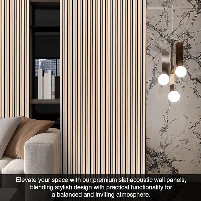 QDYMXUN Wood Slat Acoustic Wall Panels, 4-Pack 94.5'' x 7.9'' 3D Fluted Sound Absorbing Paneling for Interior Accent Wall Decor, Living Room (Natural Oak)
