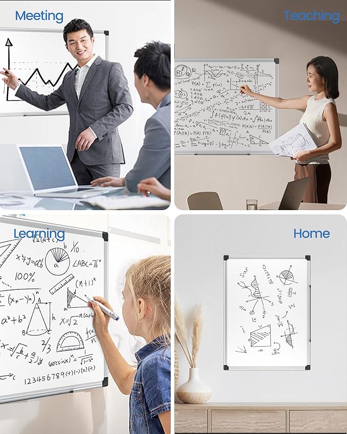 Magnetic White Board Hanging 24" x 18" for Wall, Dry Erase Board with Eraser, Markers, Magnets, Pen Tray, Silver Aluminum Frame for Home, Office, Students