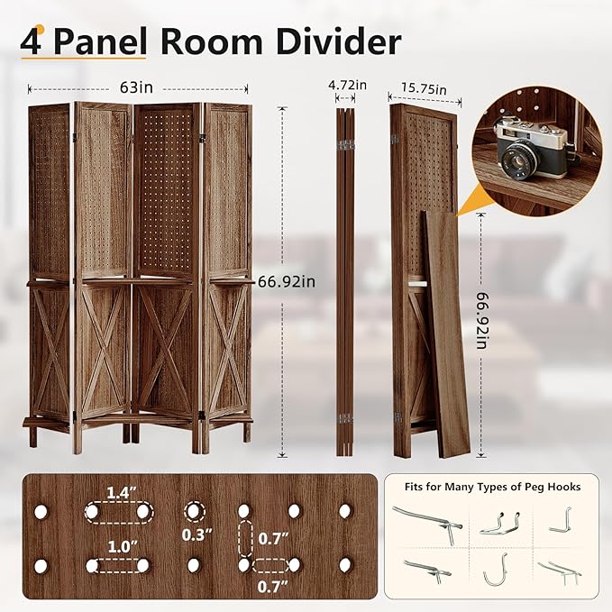 Aleesing 4 Panel Pegboard Display with 16 Hooks, Wooden Pegboard Room Divider Wall with Shelf, Partition Room Dividers and Folding Privacy Screens, Bedroom, Jewelry Store, Brown