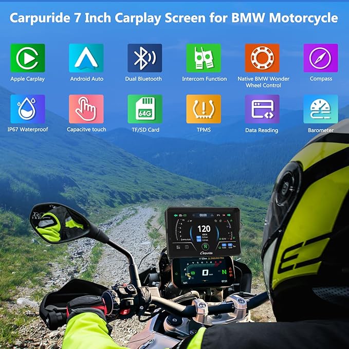 CARPURIDE W702BS PRO for BMW Motorcycle CarPlay & Android Auto Dual Bluetooth, 7" Waterproof GPS Navigation Screen, Data Reading, Native Wonder, TPMS, Light Sensor, Music Sharing, Intercom,16-Pin