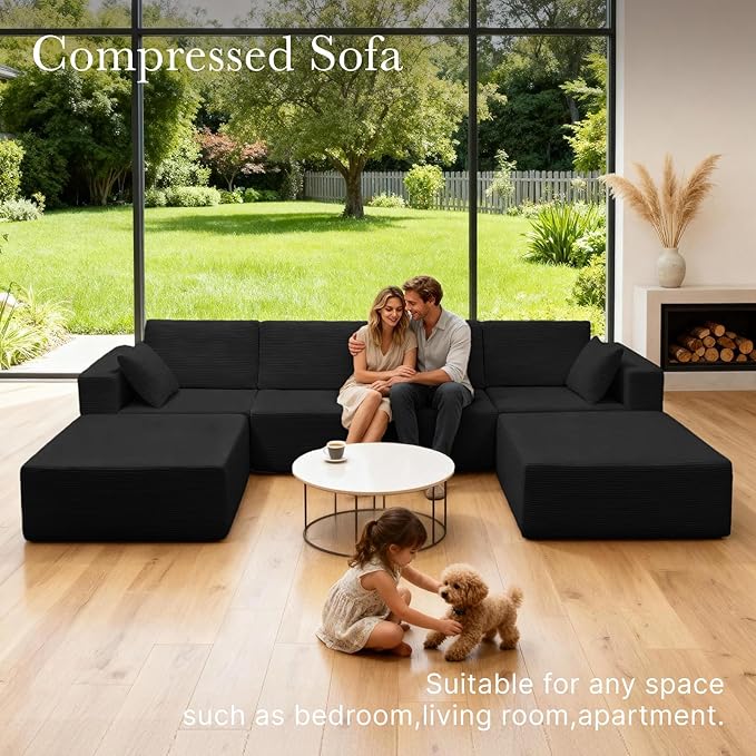 137” Modular Sectional Sofa Couch, 4-Seater U-Shape Sofa with Ottoman, Memory Foam Compressed Sofa, Free Combination Couch for Living Room,No Assembly Needed (Black, 4 Seats+ 2 Ottoman)