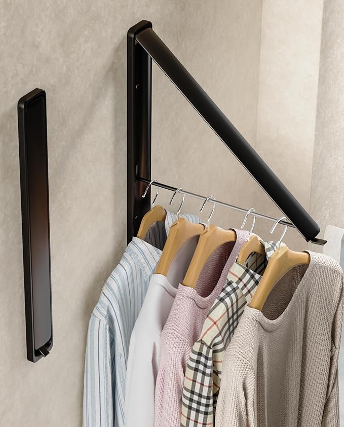 Dr.DJ Clothes Drying Rack Wall Mounted, Retractable & Foldable Clothes Hanger for Laundry Room Organization and Storage, Clothes Hanger Rack for Dorm, Closet, Balcony, Laundry Room(1P, Metal, Black)