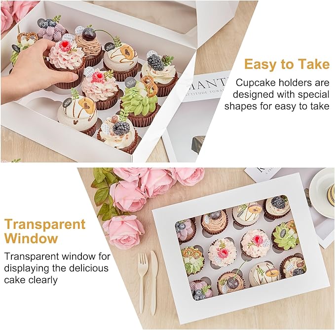 Kucoele 12 Count White Cupcake Boxes, 13 x 10 x 4 Inches, 12 Pack