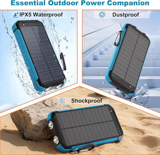 Solar Charger Power Bank 20000mAh Wireless Fast Charging Battery Pack with 3 Built-in Cables &amp USB-C Input Dual LED Flashlights Portable Phone Charger for Camping Travel &amp Emergency Use (B