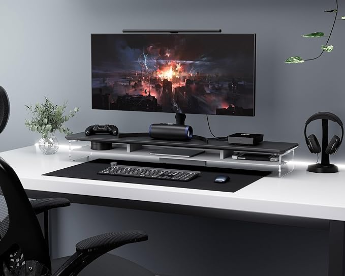 Fenge Acrylic Monitor Stand Riser, 42.5 Inches Dual Monitor Stand with Metal Storage, 2 Tier Acrylic Computer Riser for Desk, Clear Laptop Stand for PC, Laptop, Printer, TV, Black