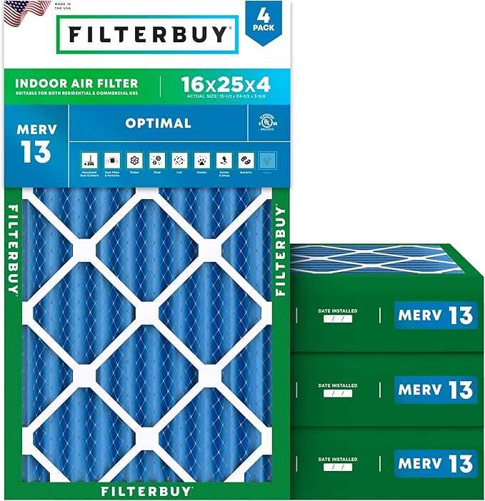 Filterbuy 16x25x4 Air Filter MERV 13 Optimal Smoke & Allergy Defense,