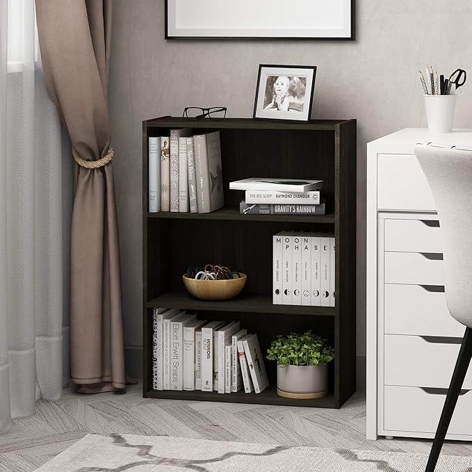 Furinno PASIR Book Shelf, 3-Tier Bookshelf, Storage Shelves Bookcase, 9.7 x 23.7 x 31.5, for Living Room, Bedroom, Home Office, Espresso
