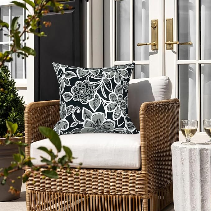LVTXIII Outdoor Throw Pillow Covers 20 x 20 Inch, Covers ONLY Modern Cute Pattern Decorative Square Toss Pillow Case Pack of 2 for Home Patio Garden Sofa Bed Furniture, Flower Black