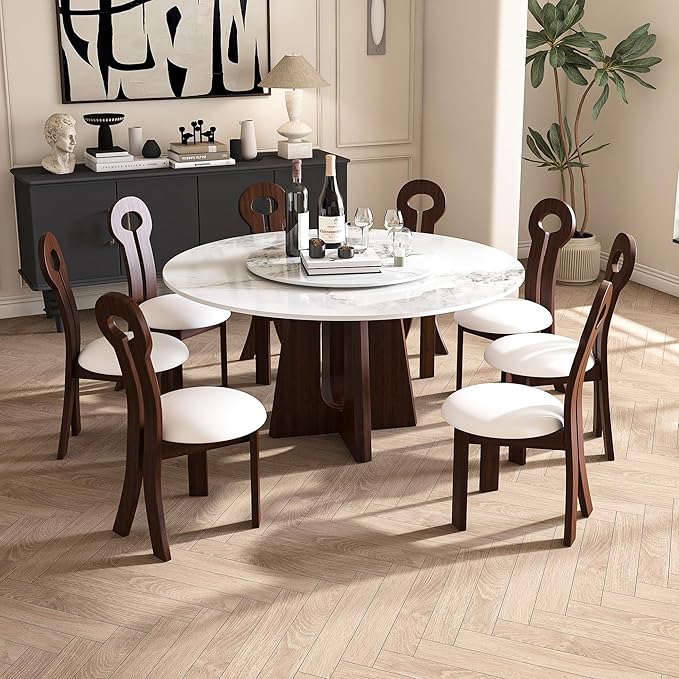 Dining Chairs Set of 2, Key-Design Home Chairs, PU Leather Solid Wooden Dining Chairs with White Round Cushion for Kitchen Dining Room-Deep Walnut Brown