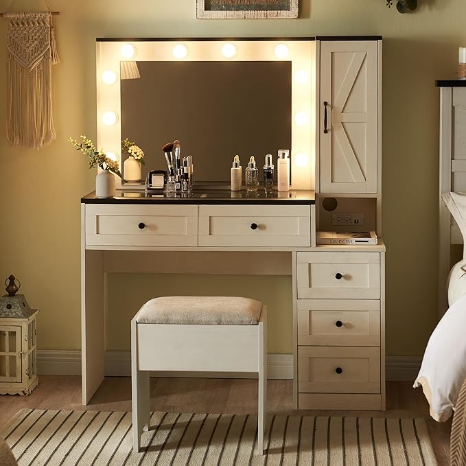 JXQTLINGMU Farmhouse Vanity Makeup Desk with Charging Station, 43" W Vanity Desk with Lights Mirror and Drawers for Makeup, Big Modern Makeup Table Set with Stool for Bedroom, Off White