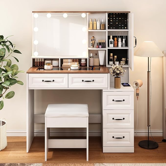 Vabches Makeup Vanity Desk with Lights and Mirror, Brown Vanity Table Set with Charging Station, Glass Top Vanity with RGB Lights, Large Mirror with 3 Lighting Modes, 5 Drawers & Cabinet, 40.7in(L)