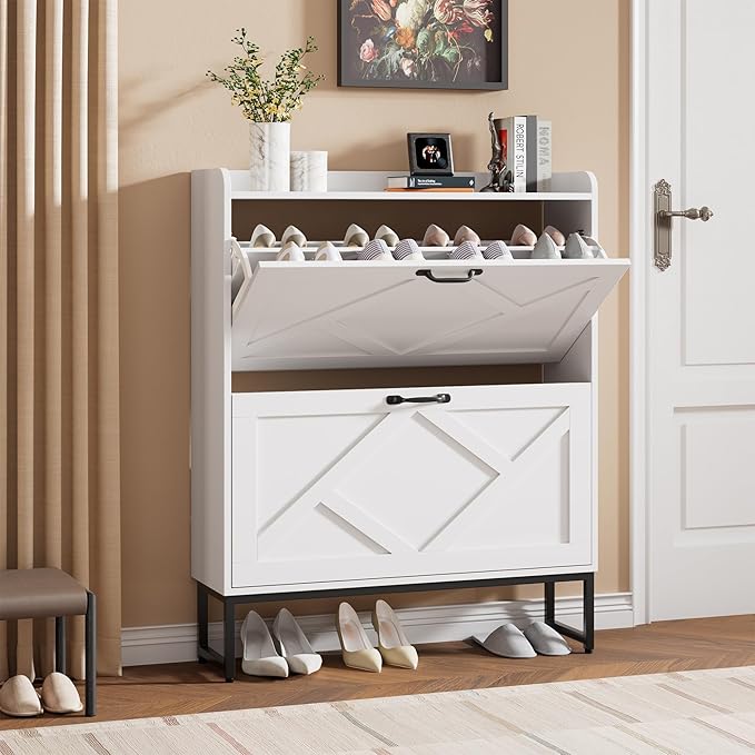 Nicetree Shoe Cabinet with 2 Flip Drawers, Freestanding Shoe Organizer, Shoe Cabinet with Metal Legs, Narrow Shoe Rack Cabinet for Entryway, Foyer, Hallway, White