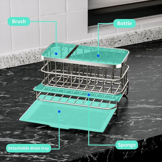 HapiRm Kitchen Sink Organizer, SUS304 Stainless Steel Rustproof Multifunctional Large Sink Caddy with Sponge Holder and Drain Tray for Kitchen Countertop (Silver)