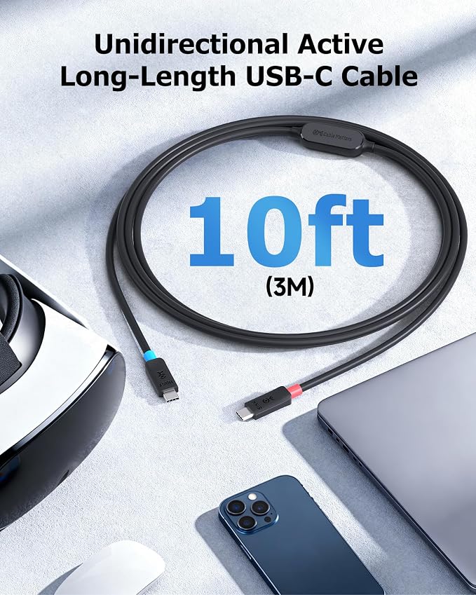 Cable Matters Unidirectional 10Gbps Active USB C Cable 10ft / 3m | [4K@60Hz Video 60W Charging 10Gbps Data Transfer] for Apple Vision Pro Meta Quest 3 VR Headsets Portable Monitors