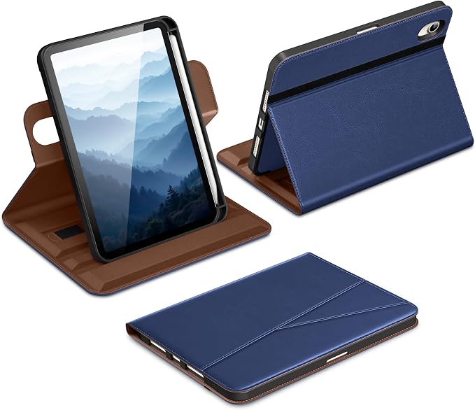 DTTO for iPad mini 7 A17 Pro 2024 aslo fit iPad mini 6 2021 Brown | 360 Degree Rotating Premium Faux Leather Folio Stand Cover with Pencil Holder Auto Sleep/Wake Multiple Angles Hand Strap