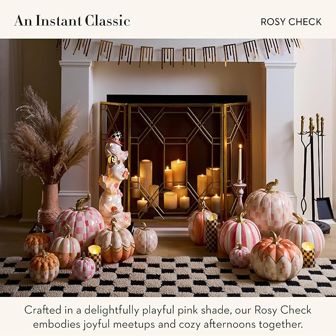 MACKENZIE-CHILDS Pumpkin, Resin Halloween and Fall Decor, Mini, Pink-and-White Rosy Check