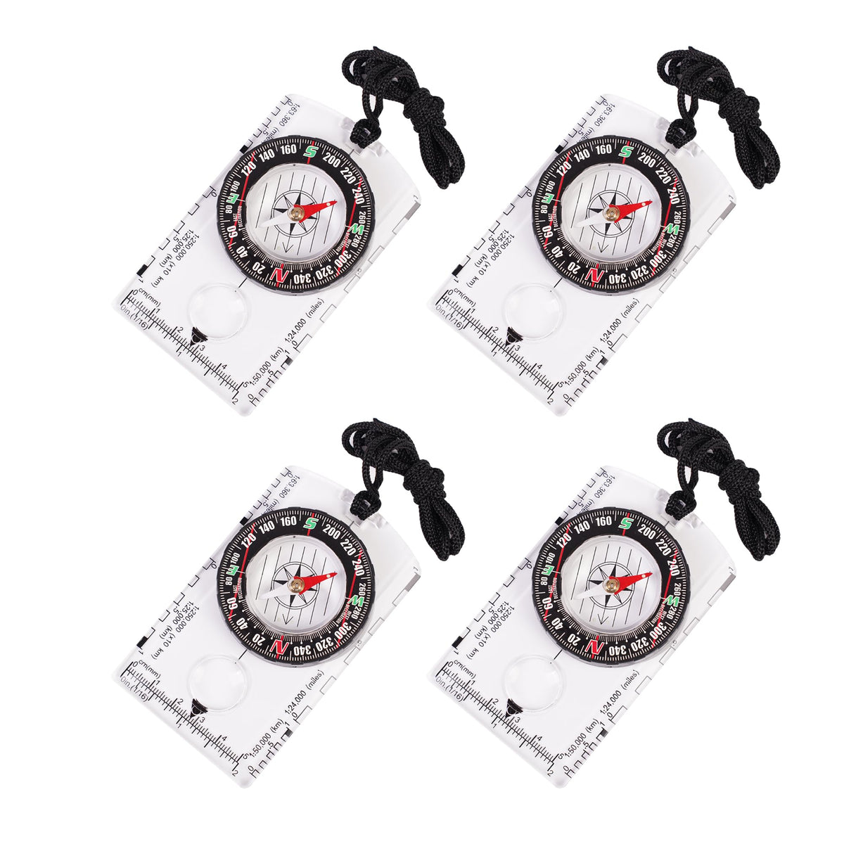 4 Pcs Outdoor Compass with Adjustable Declination,Magnifier,Ruler,Scale. Multifunctional Orienteering Waterproof Compass for Map Reading, Navigation, Hiking (4 Pack Transparent)