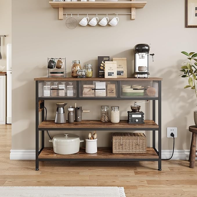 Lulive Entryway Table with Power Outlets, Console Table with 3 Fabric Drawers, Sofa Table for Living Room, Hallway, Couch, Foyer, Height Adjustable (Rustic Brown, 43")