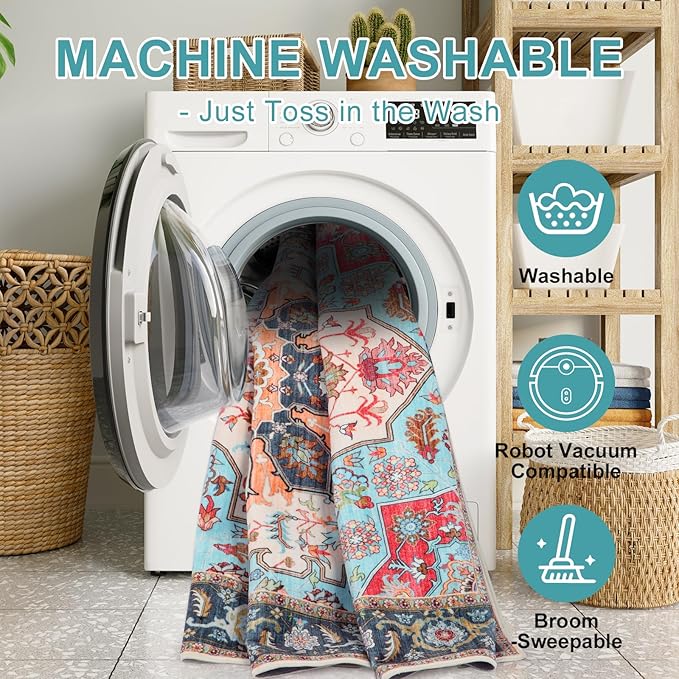 WILLSUN Washable Area Rugs, 6x9 Non-Slip Boho Large Area Rugs for Living Room, Bedroom, Machine Washable Vintage Rug, Indoor Floral Print Carpet for Home Decor, Kid & Pet Friendly Mat