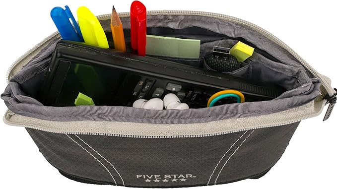 Five Star Pencil Pouch, Pen Case, Quick View Expandable Zipper Pouch, Storage Organizer for School Supplies Earbuds Chargers Cables Makeup, Black/Grey (507610A-ECM)