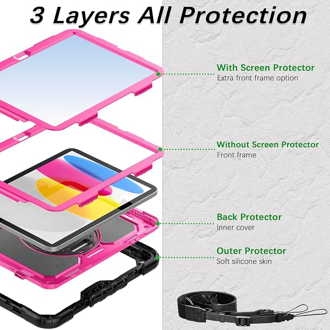 Weuiean Case for iPad A16 11th/10th Generation 11/10.9 Military-Grade Heavy-Duty Shockproof Cover with 360° Rotating Stand Built-in Pencil Holder &amp Adjustable Hand/Shoulder Strap - Black