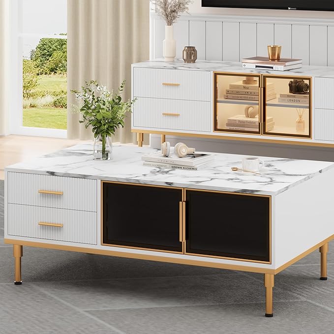 Modern White Coffee Table with Gold Metal Legs for Living Room - Large Center Table with 2 Glass Door Storage & 4 Drawers, Sintered Stone Table Top for Reception Room White