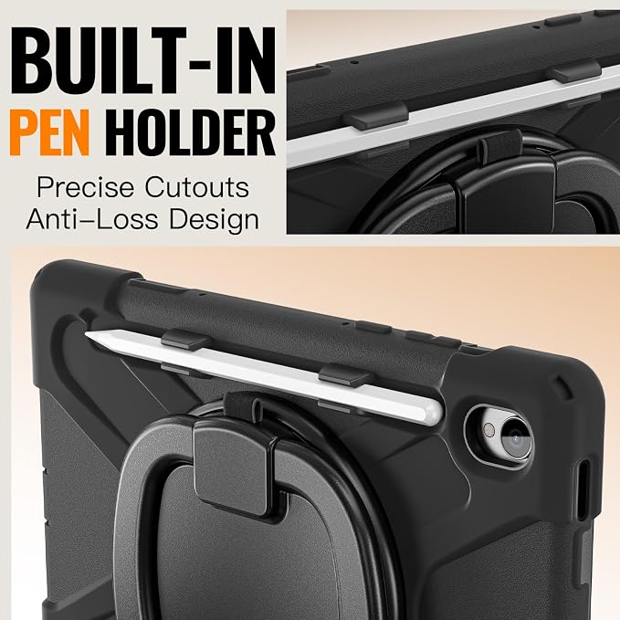 Batianda Heavy Duty Case for Samsung Galaxy Tab S11 2025 11 Inch with 360° Rotating Ring Stand &amp Shoulder Strap Built-in S Pen Holder Shockproof Rugged Multi-Layer Protective Cover Black