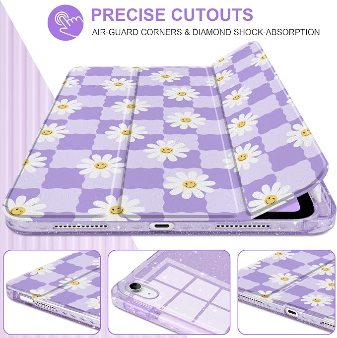 MEEgoodo Case for iPad A16 11th Generation 2025/10th Generation 2022 Glitter Tablet Cases with Transparent Acrylic Back+Trifold Stand +Pencil Holder+Auto Wake/SleepAbstract Sun &amp Palm Tree
