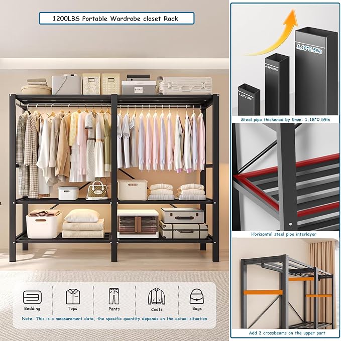 Heavy Duty Covered Clothes Rack with Magnetic Door Foldable Portable Wardrobe Closet for Hanging Clothing Rolling Black Metal Garment Rack on Wheels Closet System (Gray, 65.9in)