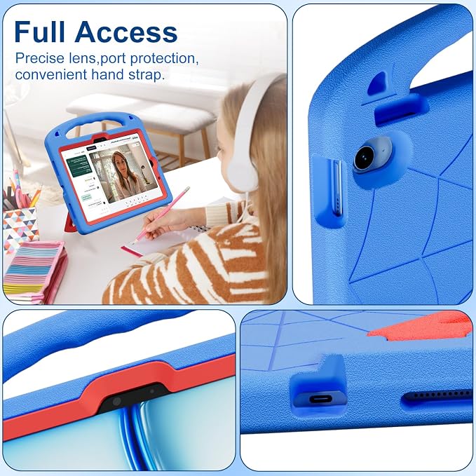 Kids Case for iPad Air 11-Inch (M4/M3/M2 2026/2025/2024) | iPad Air 5th Gen (2022) / 4th Gen (2020) 10.9 Shockproof Cover with Built-in Screen Protector and Stand (Black+Blue)