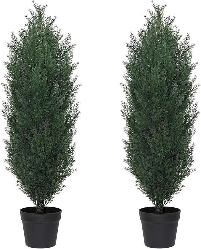 THE BLOOM TIMES 3ft Topiary Trees Artificial Outdoor Set of 2, UV Resistant Faux Cedar Pine Cypress Bushes & Shrubs, Fake Plants for Front Porch Outside Planter Patio Christmas Decor 3 Foot Tall