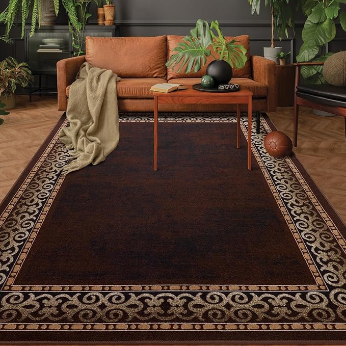 Antep Rugs Alfombras Bordered Modern 5x7 Non-Slip (Non-Skid) Low Pile Rubber Backing Indoor Area Rug (Brown, 5' x 7')