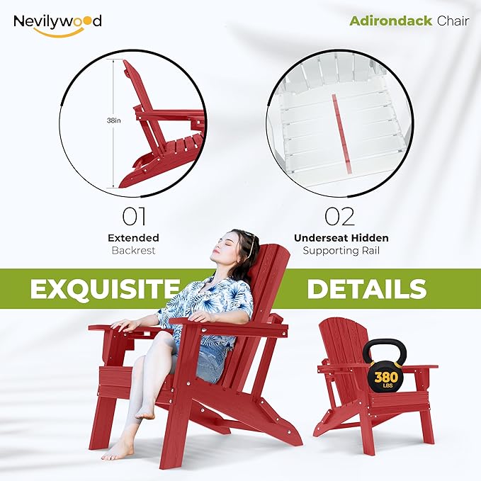 nevilywood Folding Adirondack Chair with Cup Holder Set of 4, HDPE Patio Chairs,All-Weather Outdoor Chairs for Backyard, Deck,Fire Pit-Red