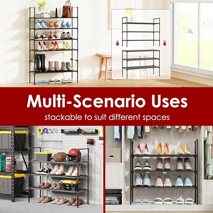 Sakugi Shoe Rack with Non-Woven Fabric - 3-Tier Shoe Organizer for Closet, Garage, Corridor & Entryway, Sturdy and Stackable, X-Large, Black