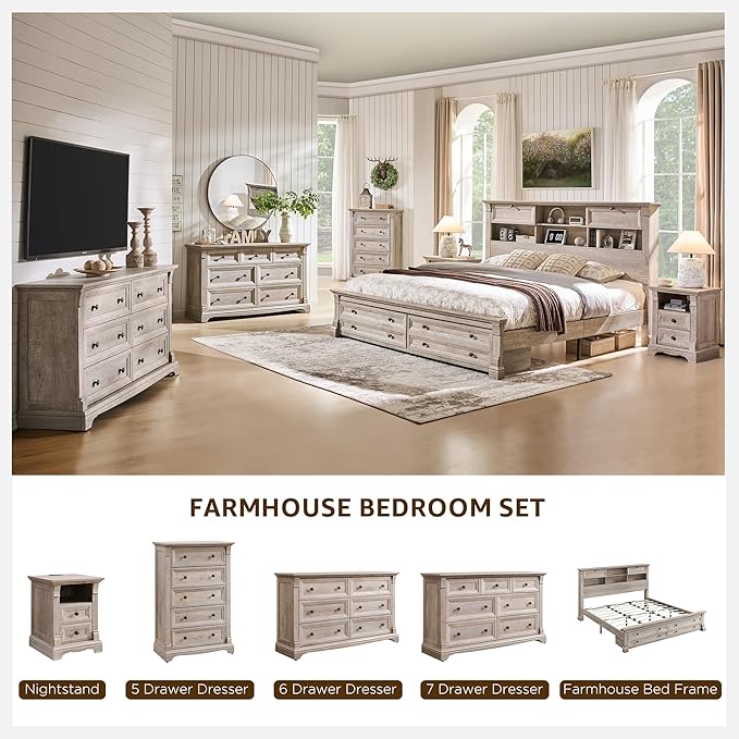 Farmhouse Nightstand with Charging Station, 18" End Table with 2 Drawers Storage and 1 Storage Shelf, Wooden Side Table w/Roman Column, Bedside Cabinet for Bedroom, Living Room, Light Rustic Oak