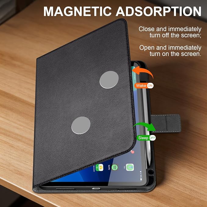 Leather Case for iPad 11th/10th Gen (11/10.9) Black | Genuine Leather Pencil Holder Adjustable Stand Magnetic Closure Auto Wake/Sleep