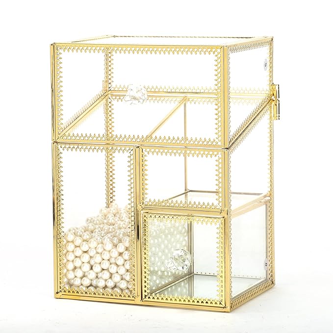 Vintage Makeup Organizer Gold Glass Brush Holder with Lid Storage Dustproof Cosmetics Case with Pearls for Vanity Decoration Jewelry Nail Brush Lipstick